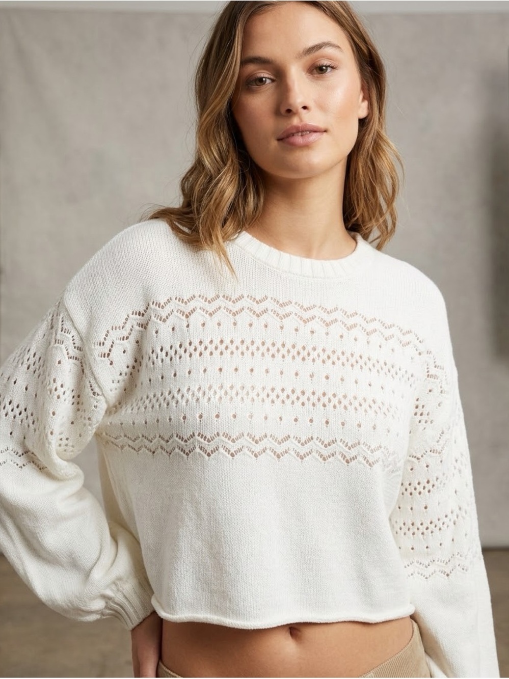 Urban Outfitters Ivory Pointelle Knit Cropped Sweater
